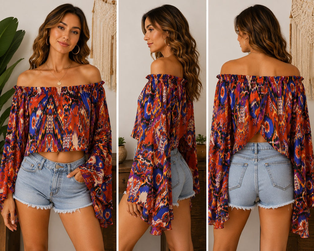 Boho Off-the-Shoulder Ikat Print Crop Top