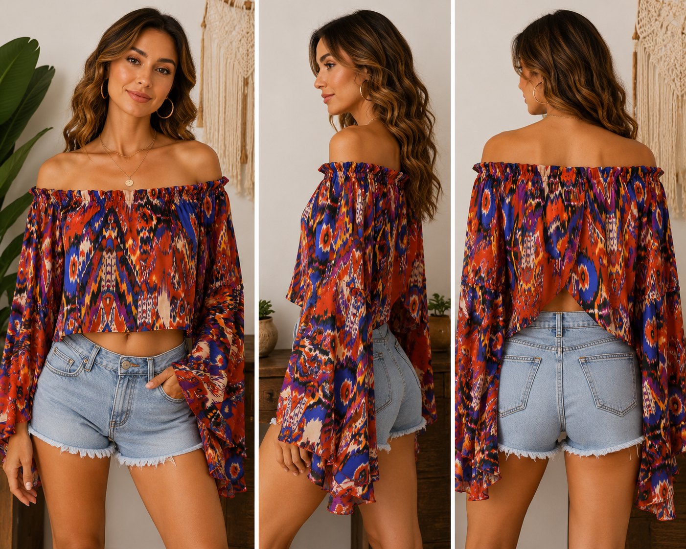 Boho Off-the-Shoulder Ikat Print Crop Top