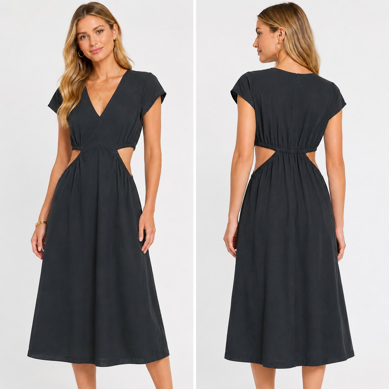 Rails Nyla Black Cutout Midi Dress Women's XS V-Neck Elastic Waist Casual