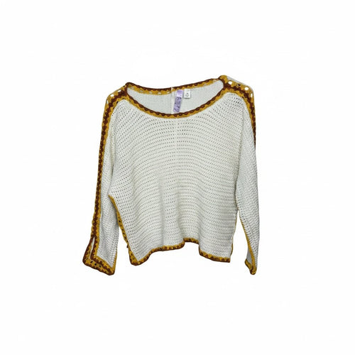 Alp Crochet Knit Sweater Medium Ivory Mustard Brown Boho Dolman Sleeve Pullover