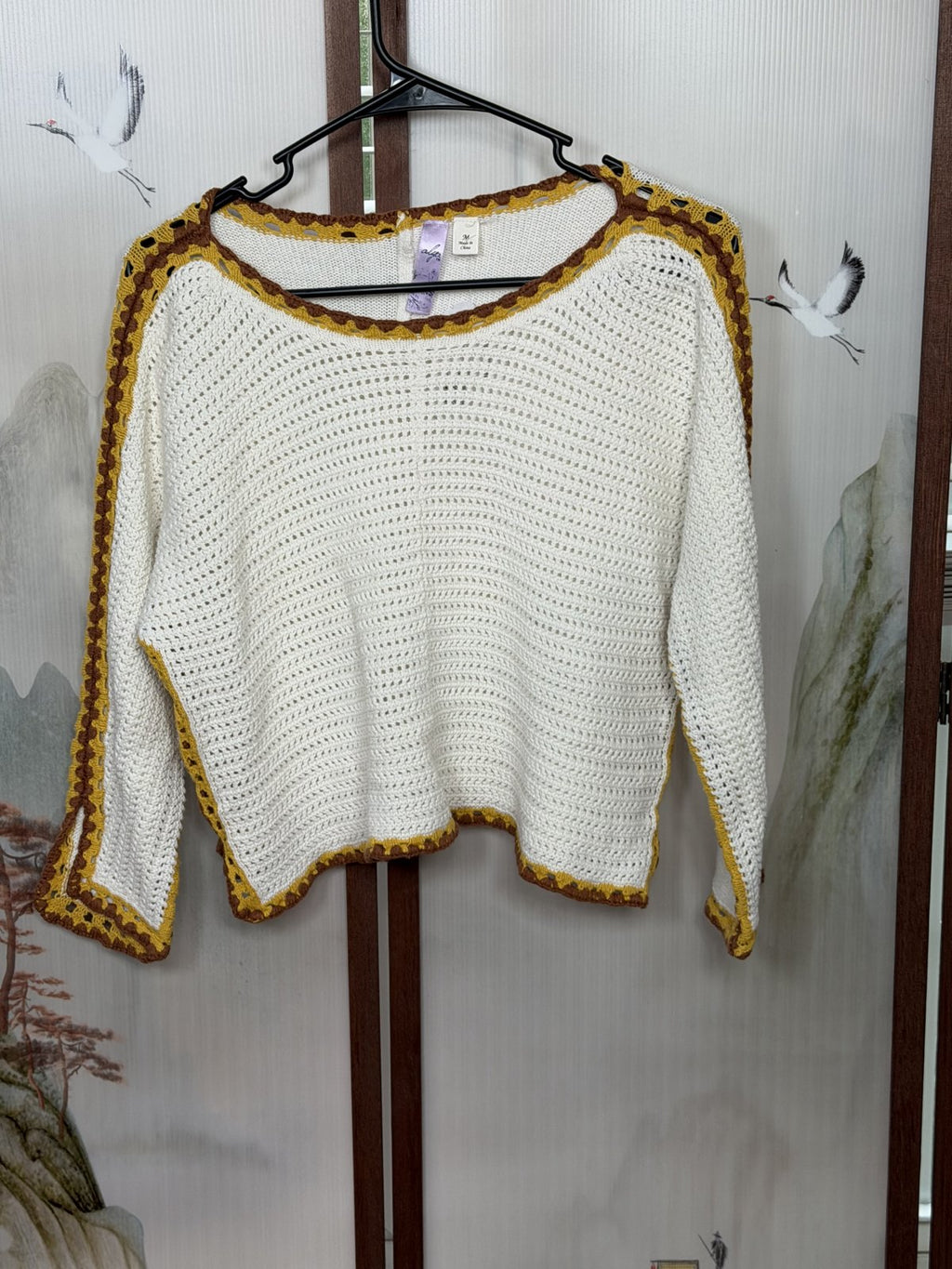 Alp Crochet Knit Sweater Medium Ivory Mustard Brown Boho Dolman Sleeve Pullover