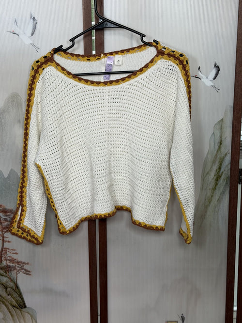 Alp Crochet Knit Sweater Medium Ivory Mustard Brown Boho Dolman Sleeve Pullover