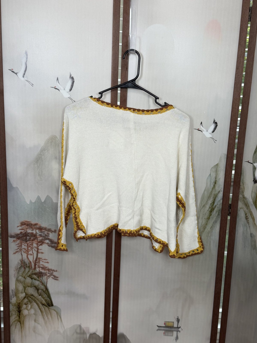 Alp Crochet Knit Sweater Medium Ivory Mustard Brown Boho Dolman Sleeve Pullover