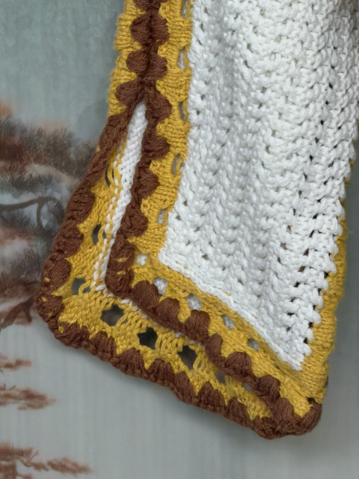 Alp Crochet Knit Sweater Medium Ivory Mustard Brown Boho Dolman Sleeve Pullover