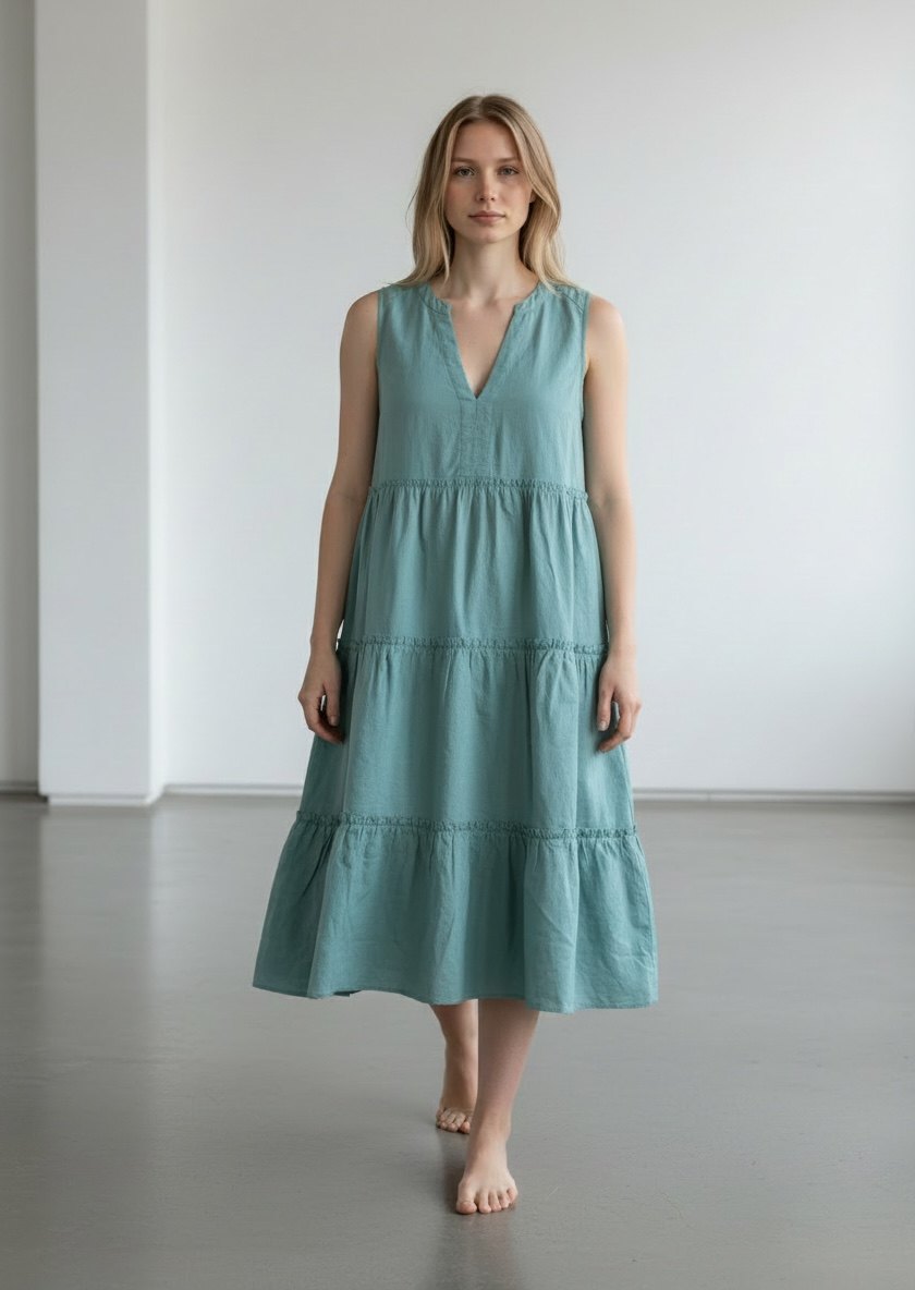 Michael Stars Sandra Above The Knee Linen Blend Dress Serene Sleeveless Tiered NWT Medium