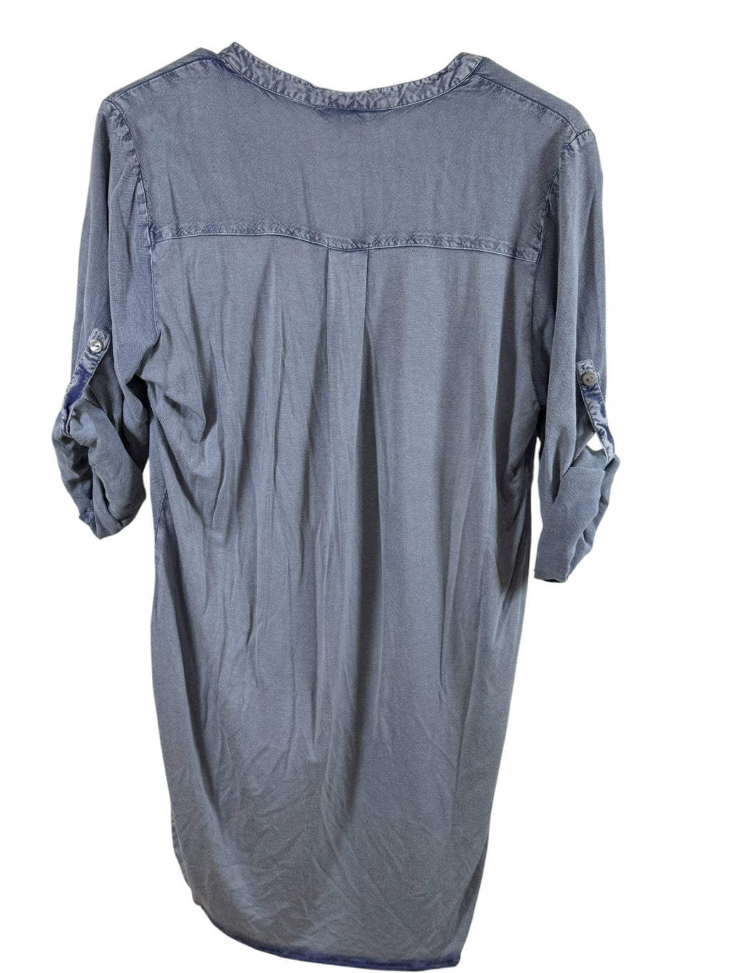 Solitaire Embroidered Chambray Tunic Blouse Women's Medium Blue Roll Tab Sleeve