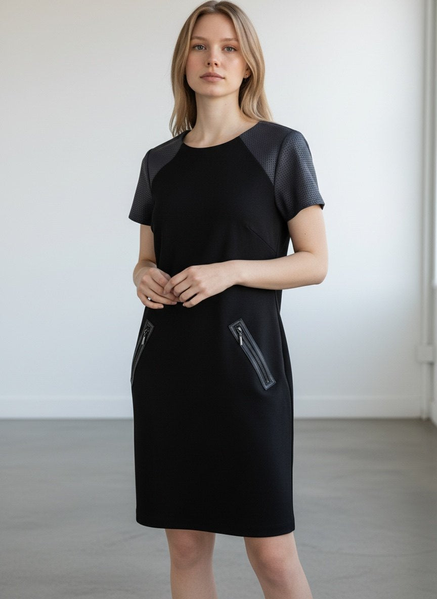 RENVY Black Sheath Dress Faux Leather Perforated Sleeves Size 4