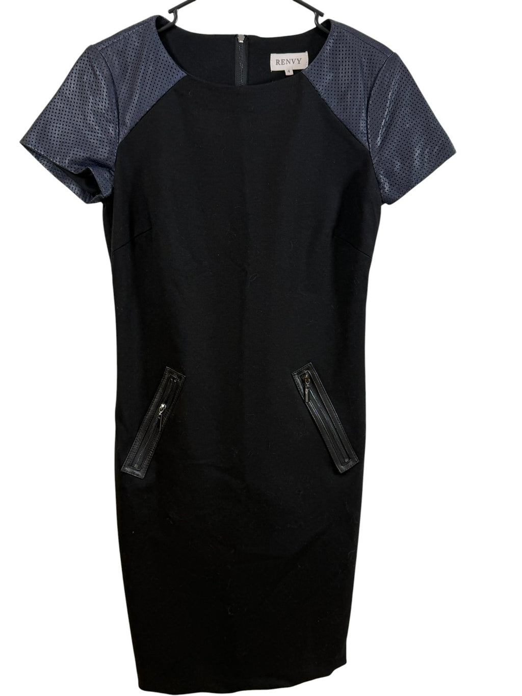 RENVY Black Sheath Dress Faux Leather Perforated Sleeves Size 4