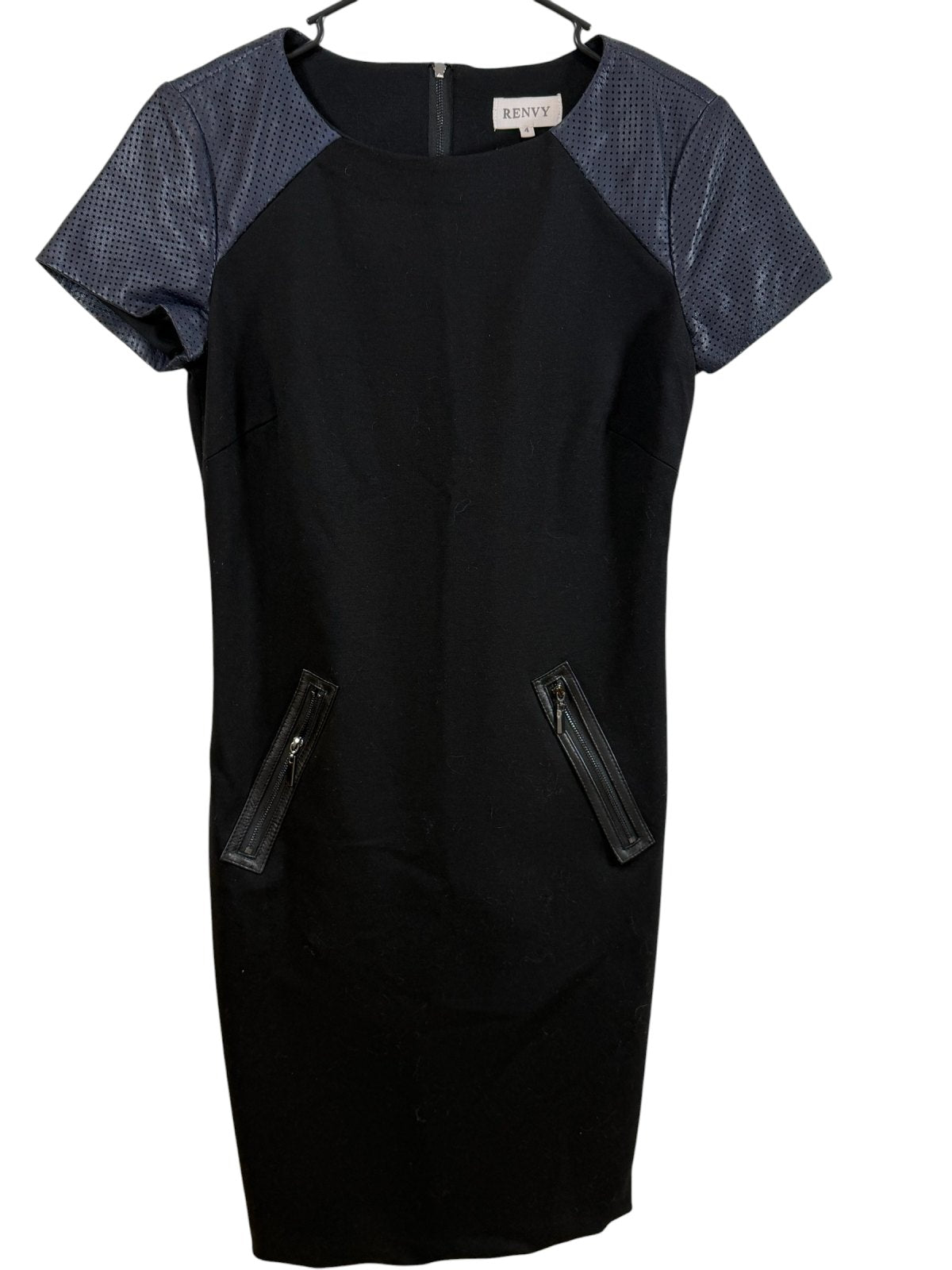 RENVY Black Sheath Dress Faux Leather Perforated Sleeves Size 4