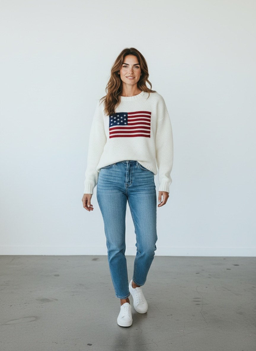 American Flag Knit Sweater – Ivory Crewneck Pullover