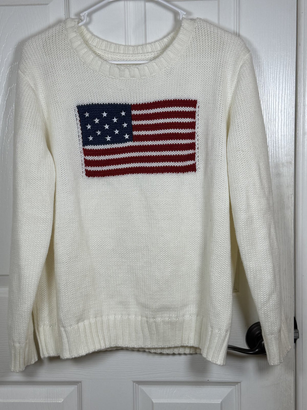 American Flag Knit Sweater – Ivory Crewneck Pullover