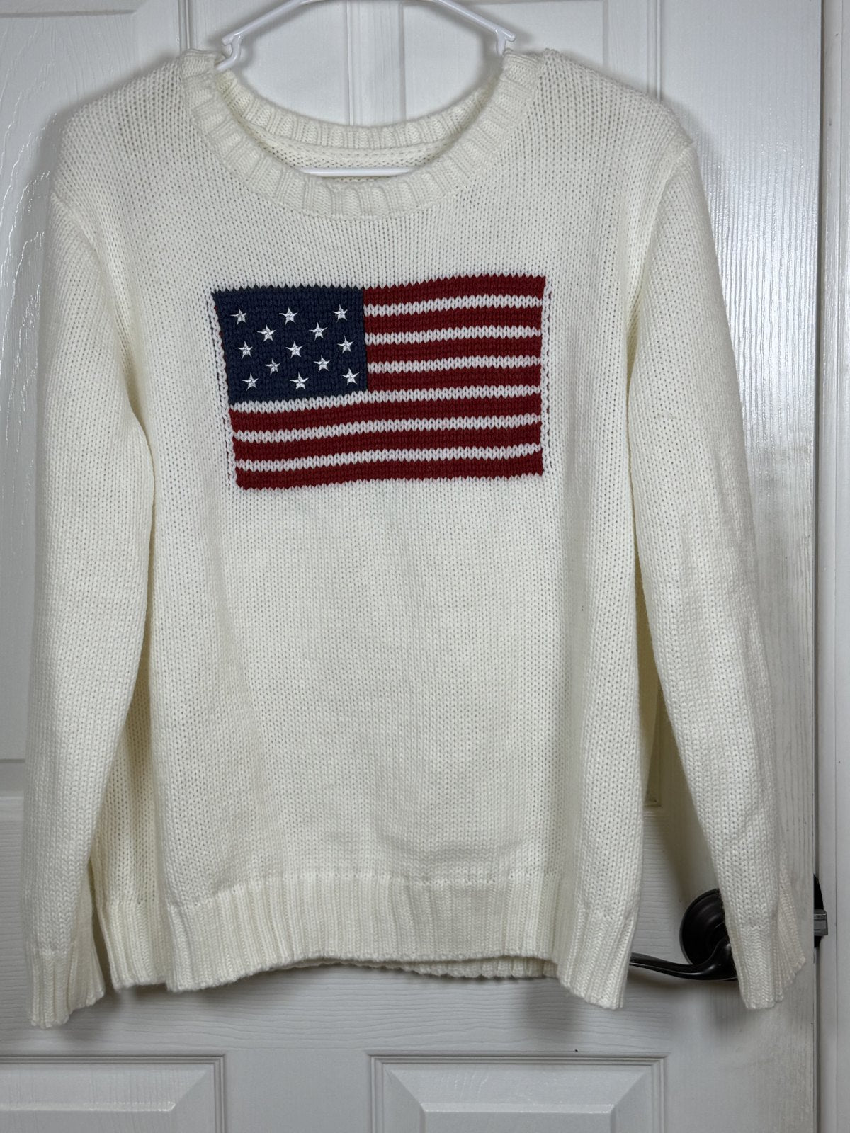 American Flag Knit Sweater – Ivory Crewneck Pullover