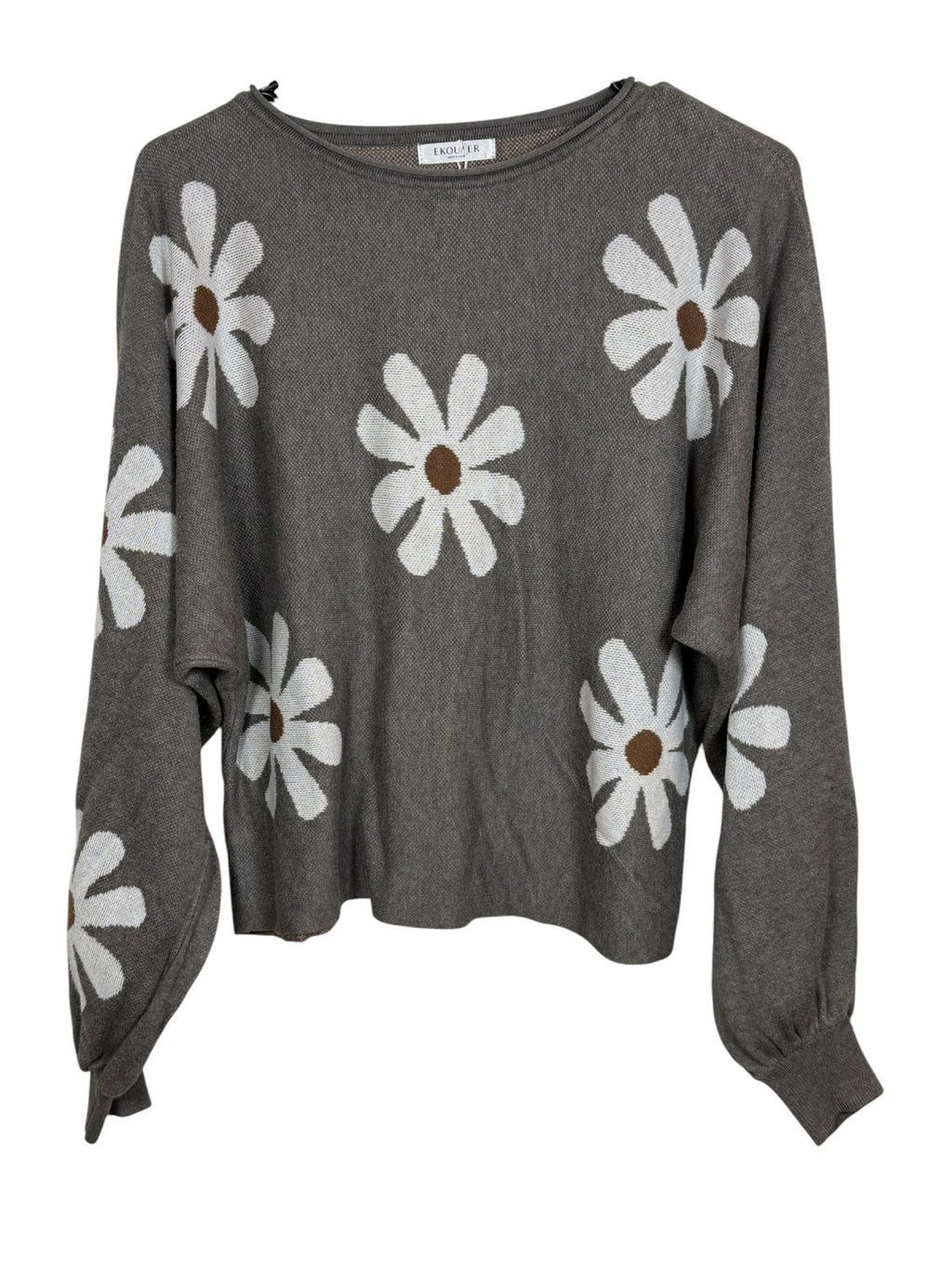 Ekouaer Daisy Print Cropped Sweater Size Large Gray Floral Knit Top