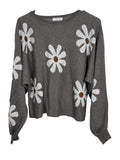 Ekouaer Daisy Print Cropped Sweater Size Large Gray Floral Knit Top
