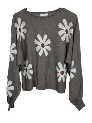 Ekouaer Daisy Print Cropped Sweater Size Large Gray Floral Knit Top