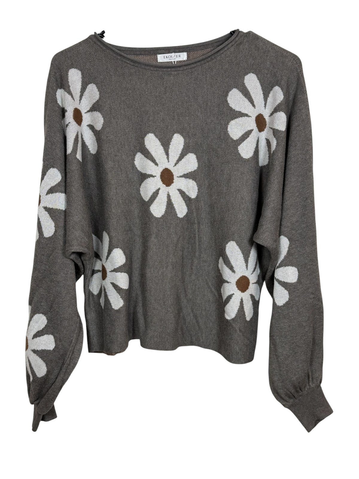 Ekouaer Daisy Print Cropped Sweater Size Large Gray Floral Knit Top