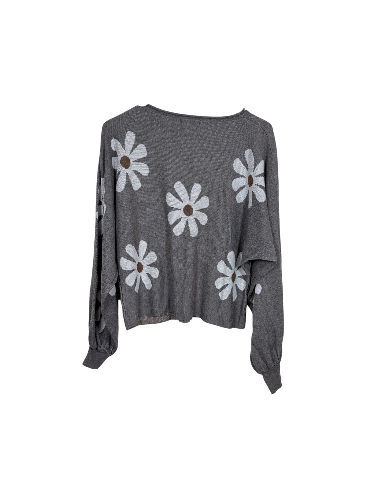 Ekouaer Daisy Print Cropped Sweater Size Large Gray Floral Knit Top