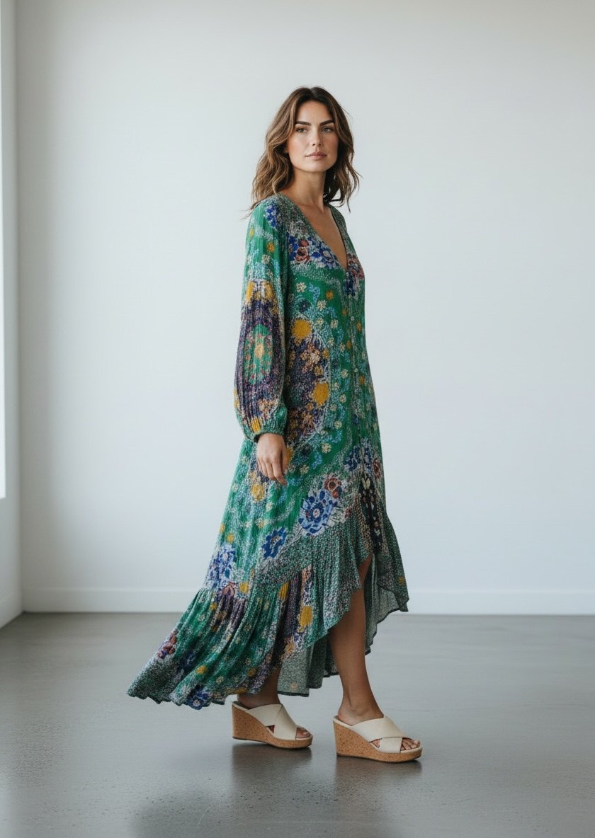 Free People Floral Patchwork High-Low Maxi Dress Green Boho NWT Size Small