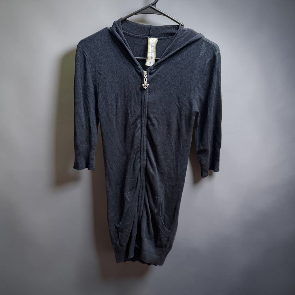Aratta Silent Journey Black Hooded Knit Sweater Dress XS Zip Front