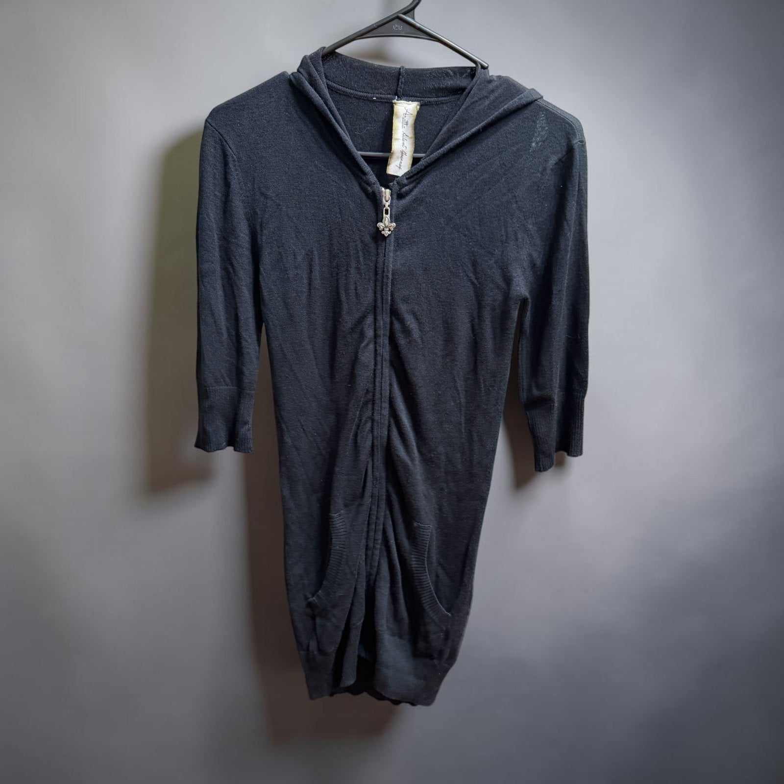 Aratta Silent Journey Black Hooded Knit Sweater Dress XS Zip Front