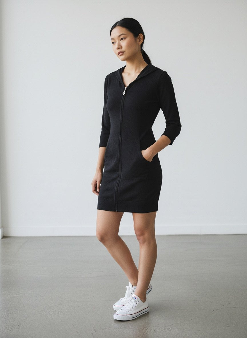 Aratta Silent Journey Black Hooded Knit Sweater Dress XS Zip Front