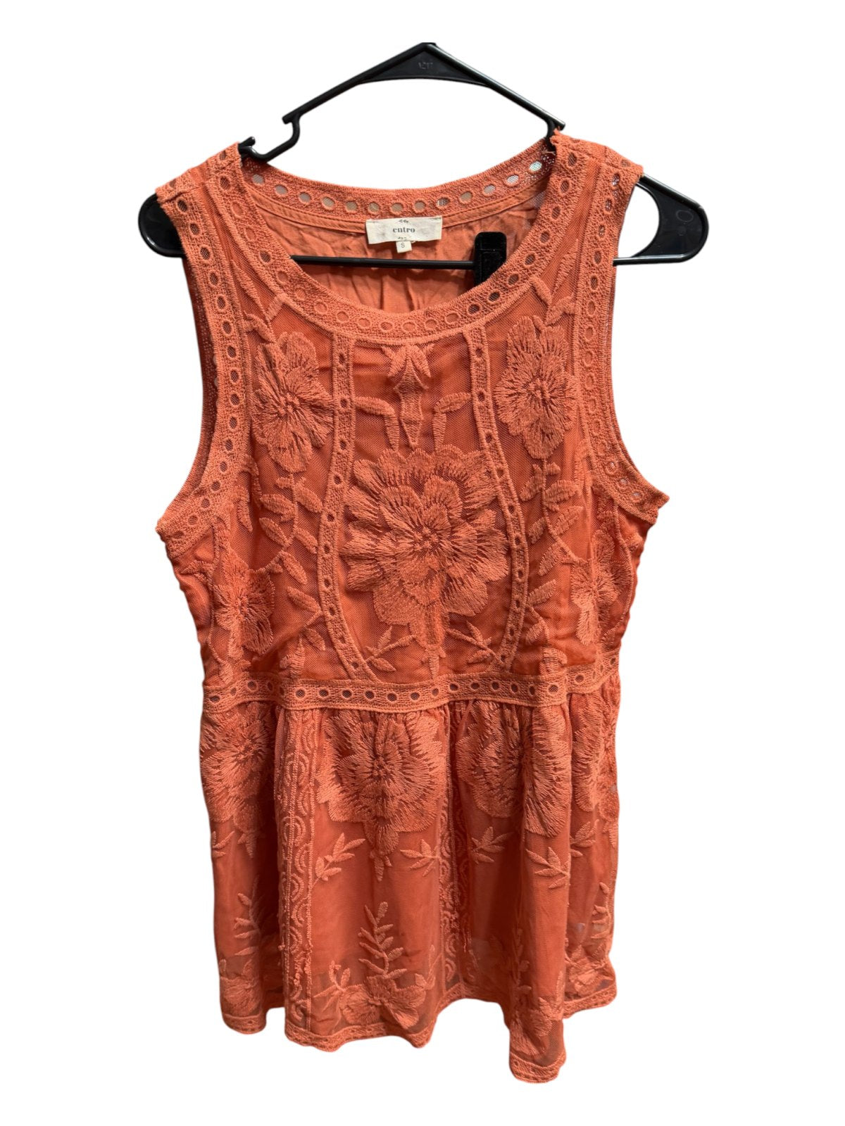 Entro Floral Embroidered Sleeveless Babydoll Mini Dress Rust Terracotta Boho Size Small