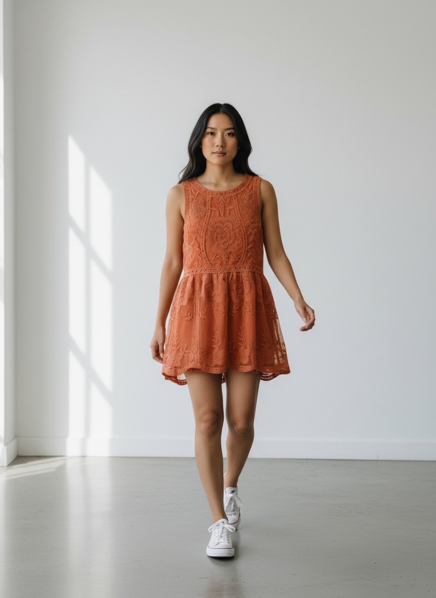 Entro Floral Embroidered Sleeveless Babydoll Mini Dress Rust Terracotta Boho Size Small