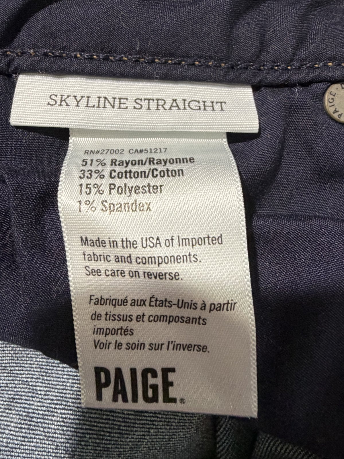 PAIGE Skyline Straight Ingrid Dark Wash Stretch Jeans Women's Size 26 Made in USA