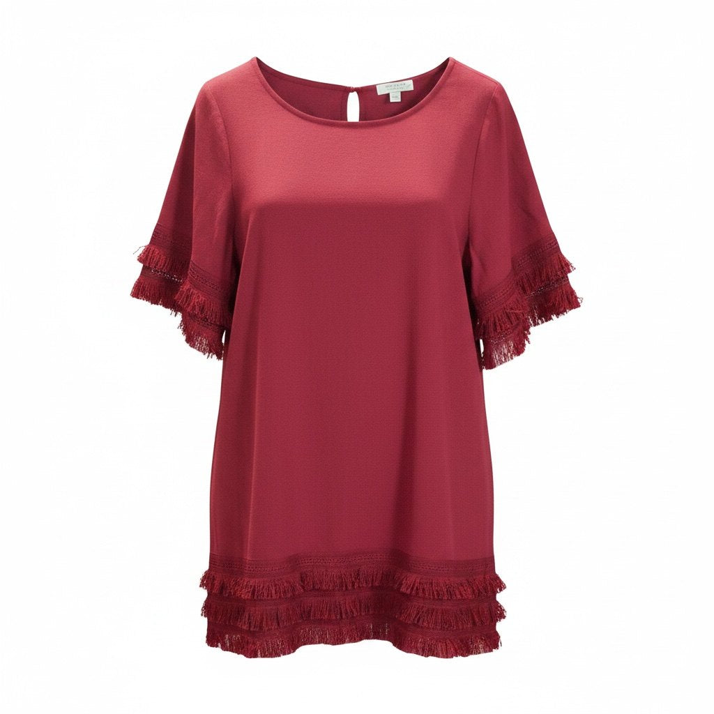 Umgee Burgundy Fringe Trim Shift Dress Size Small