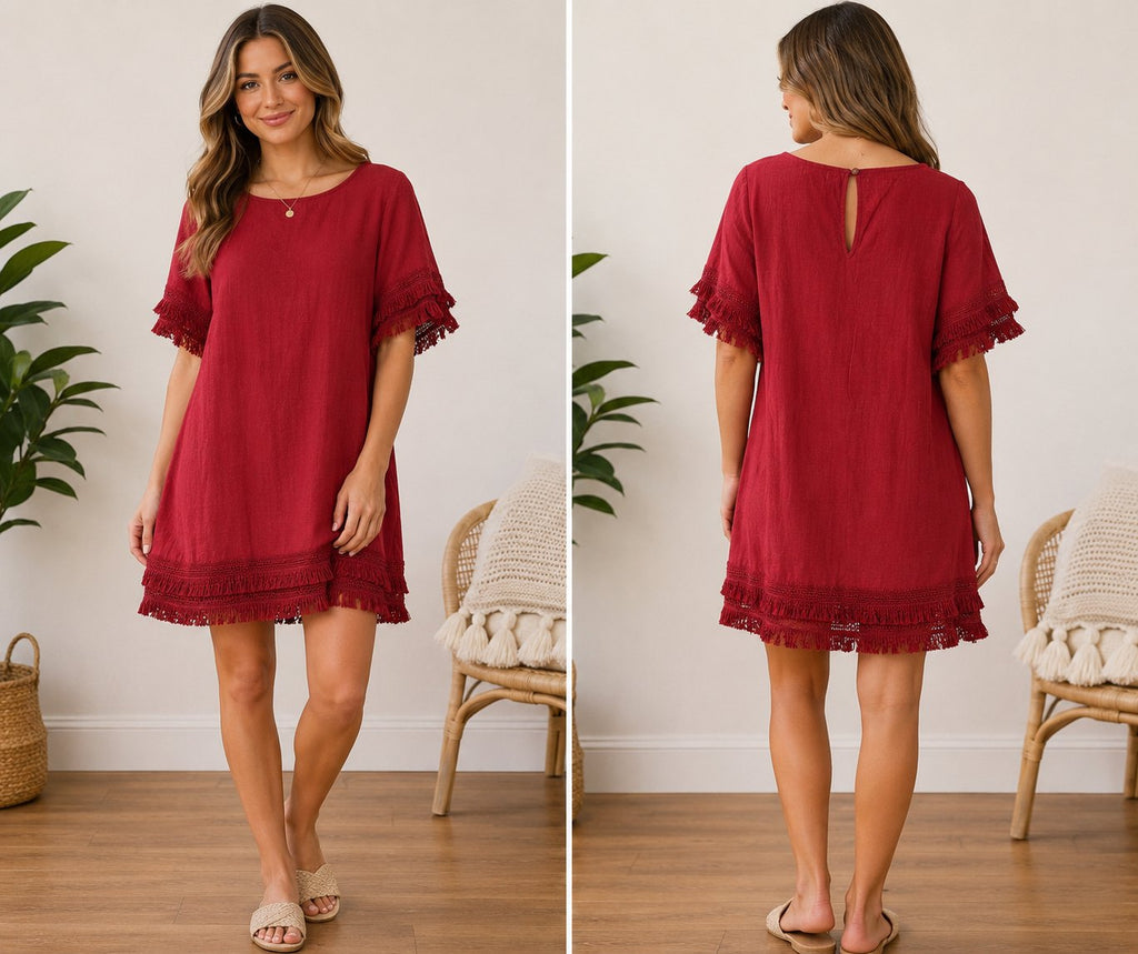 Umgee Burgundy Fringe Trim Shift Dress Size Small