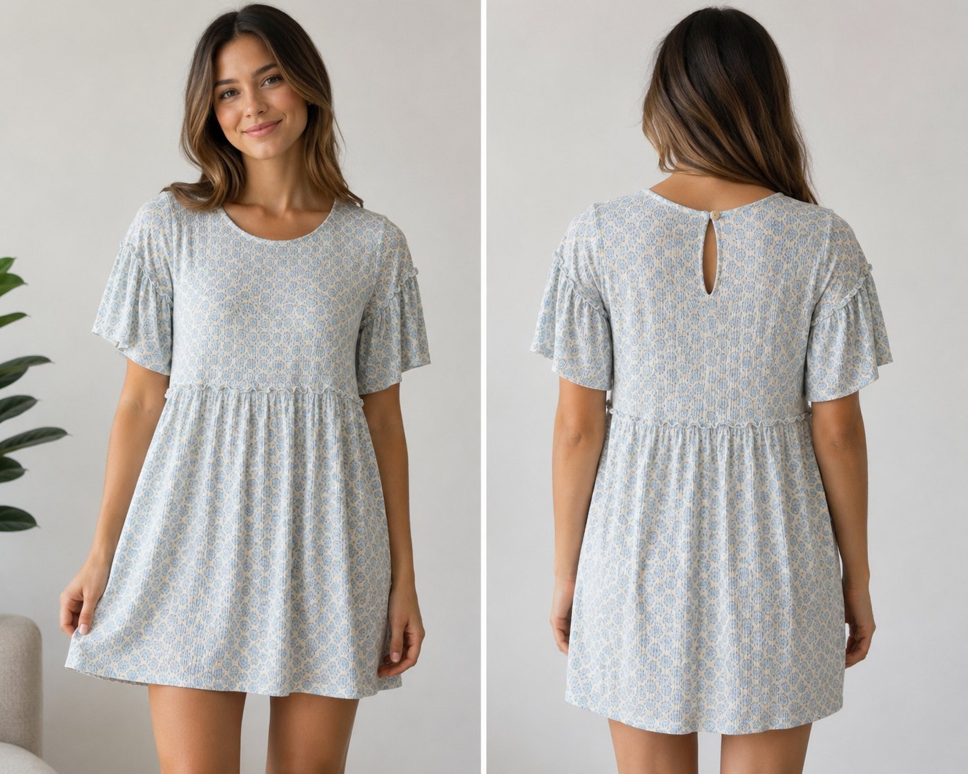 Lazy Sundays Babydoll Mini Dress Blue White Floral Ribbed Short Sleeve, Small