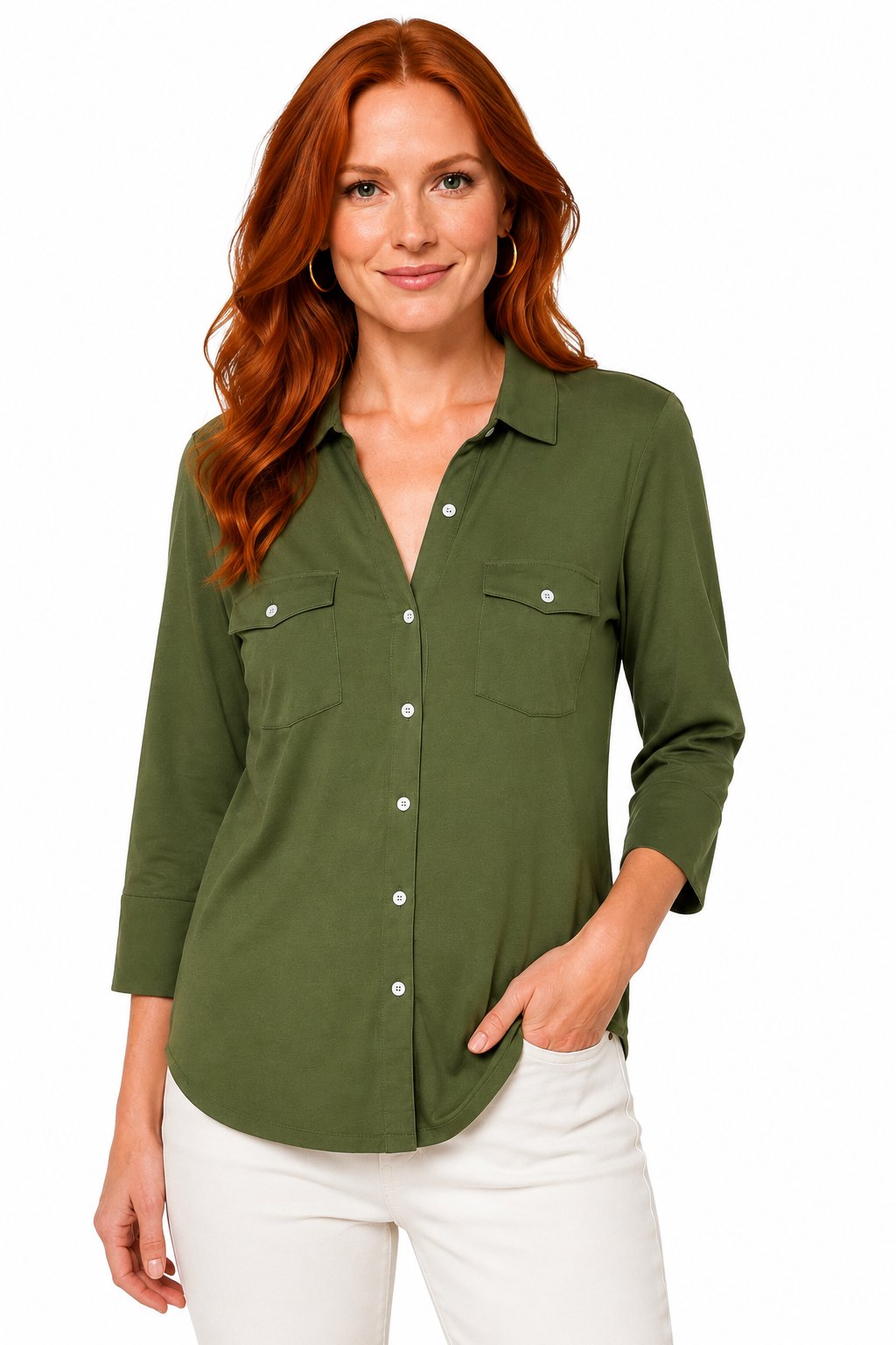 J.McLaughlin Olive Green Button Front Knit Blouse 3/4 Sleeve Collared Top Women's Size L