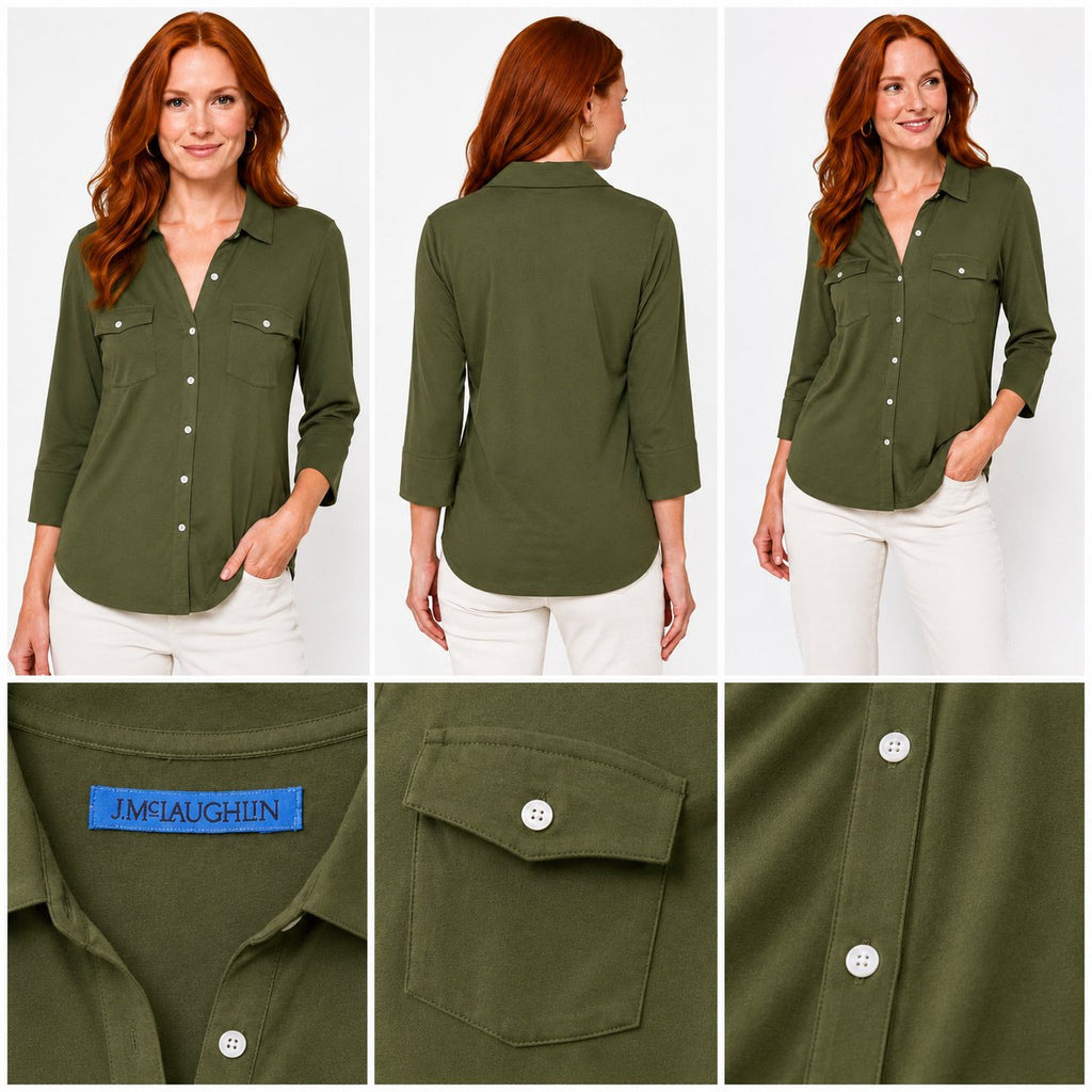 J.McLaughlin Olive Green Button Front Knit Blouse 3/4 Sleeve Collared Top Women's Size L