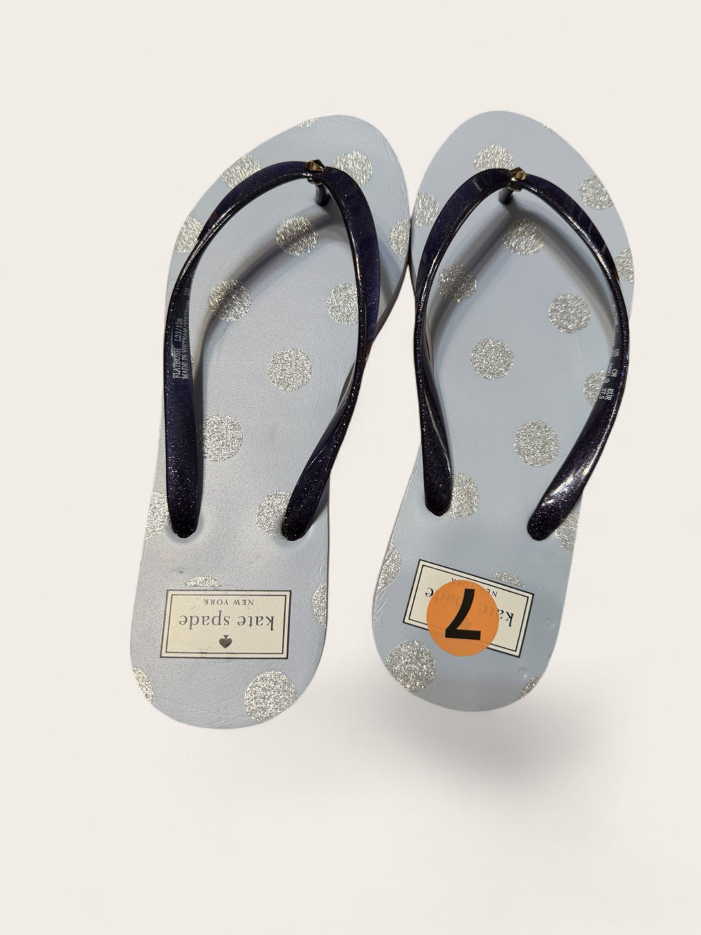 Kate Spade New York Flatbush Flip Flops Women's Size 7B Blue Silver Glitter Polka Dot NWOB