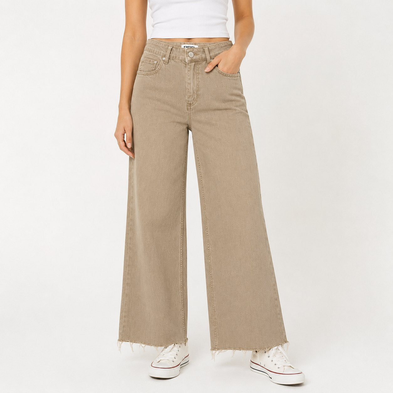 RSQ Women's Size 28 Tan Cropped Wide Leg Jeans Raw Hem High Rise Stretch
