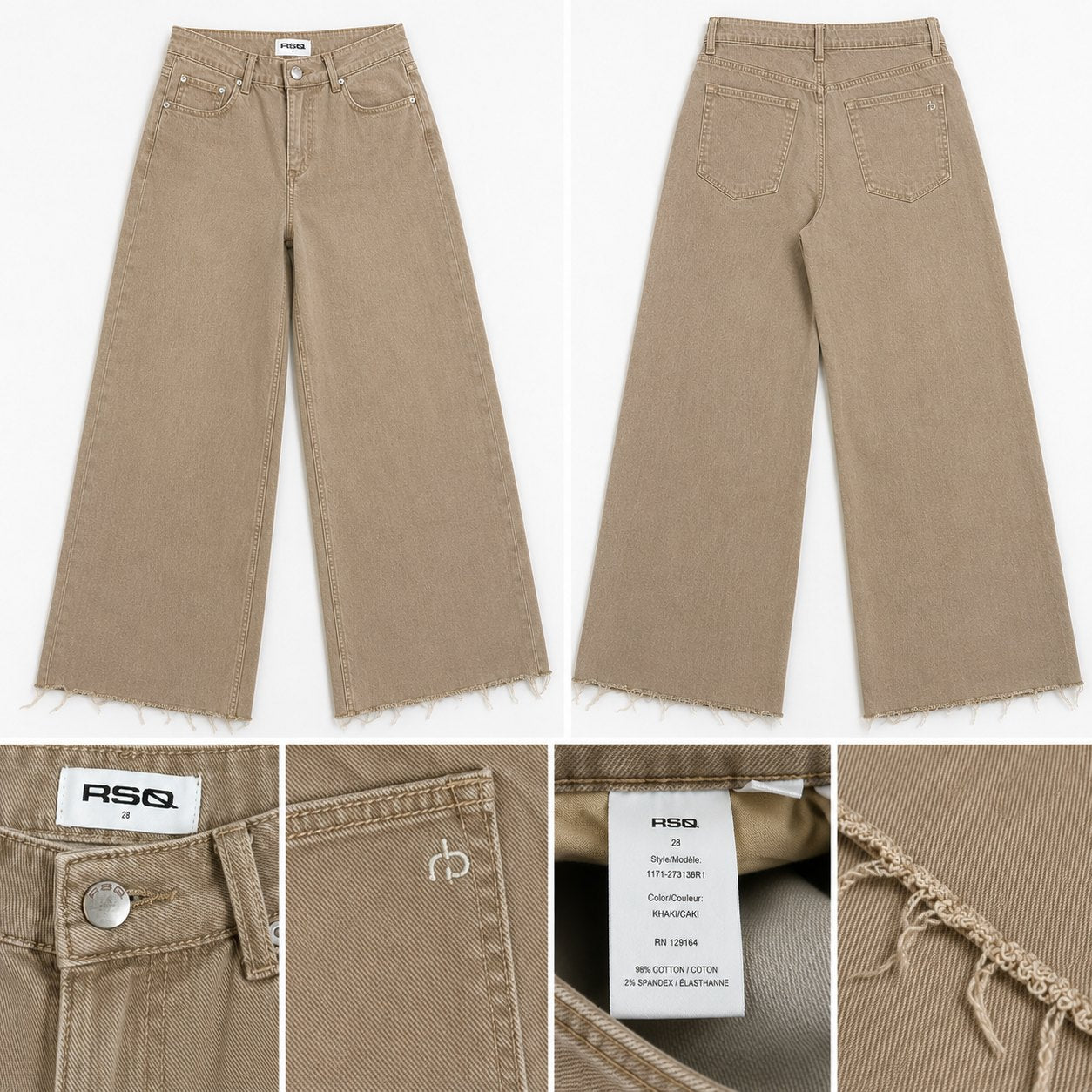 RSQ Women's Size 28 Tan Cropped Wide Leg Jeans Raw Hem High Rise Stretch