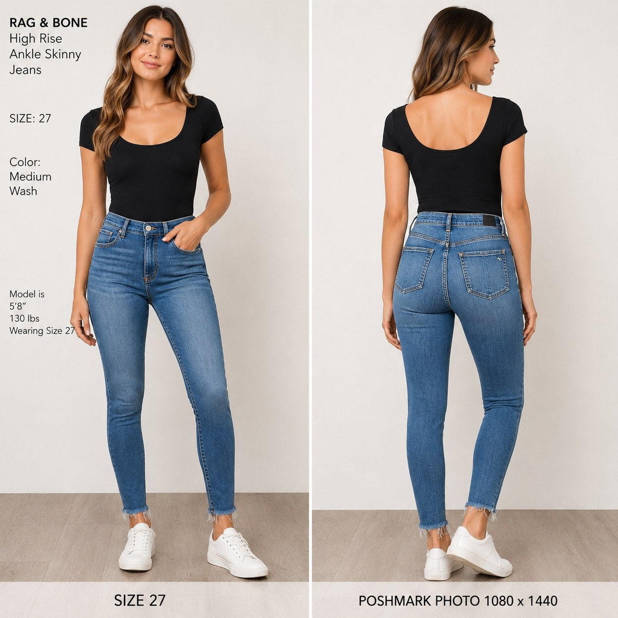 rag & bone High Rise Skinny Ankle Jeans Women's Size 27 Medium Wash Raw Hem Stretch Denim