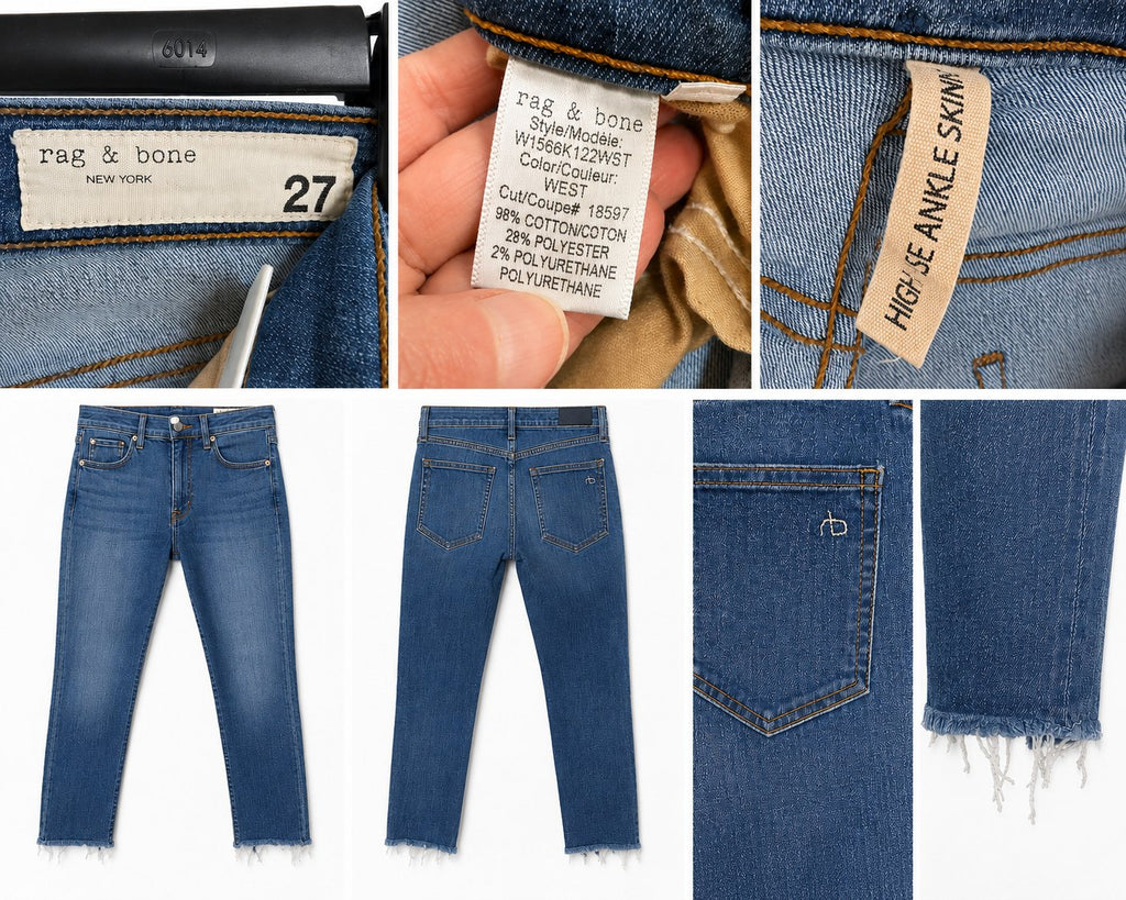 rag & bone High Rise Skinny Ankle Jeans Women's Size 27 Medium Wash Raw Hem Stretch Denim
