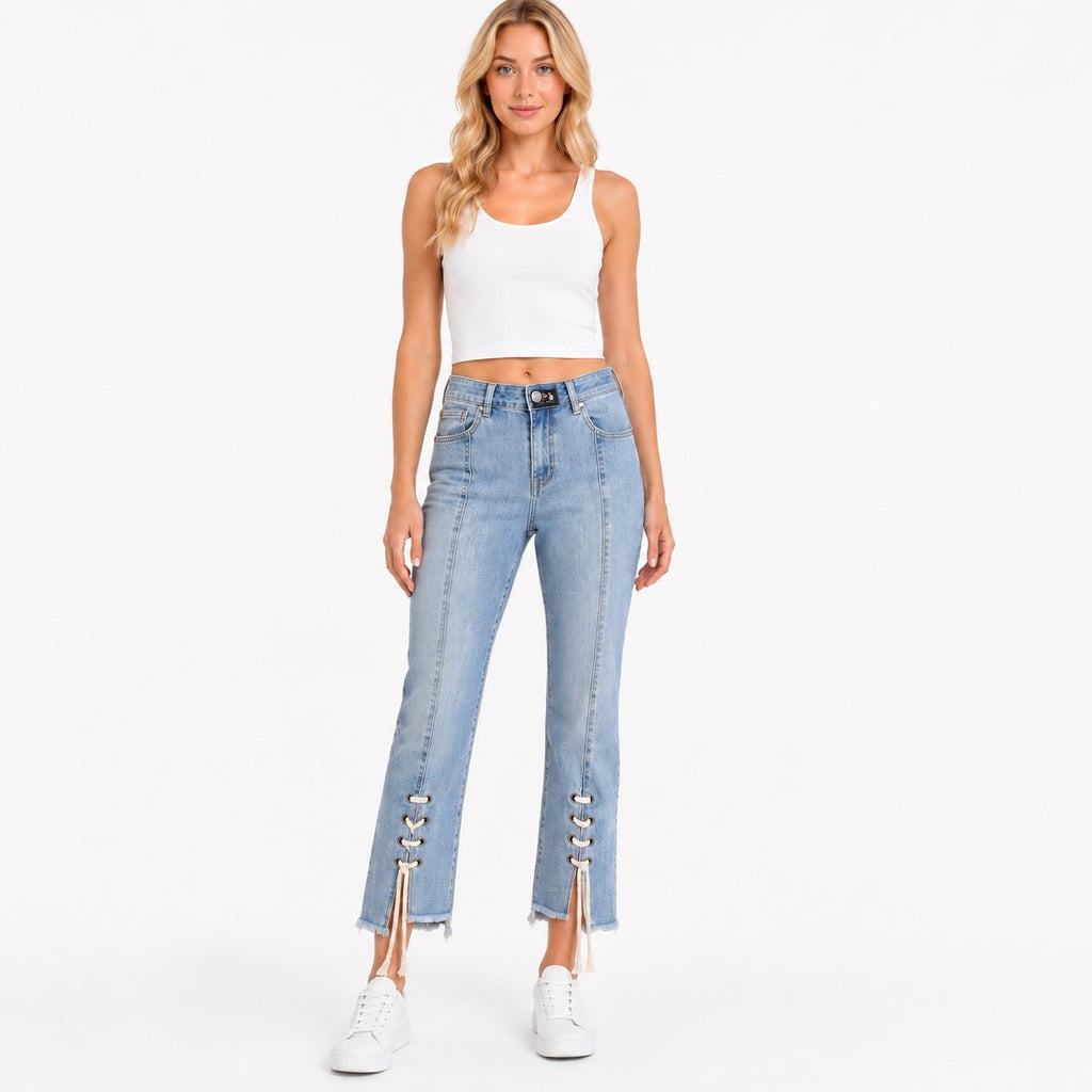 AZ.I Light Wash Lace-Up Hem Crop Jeans Women's Size 10 Raw Hem Straight Leg
