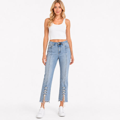 AZ.I Light Wash Lace-Up Hem Crop Jeans Women's Size 10 Raw Hem Straight Leg