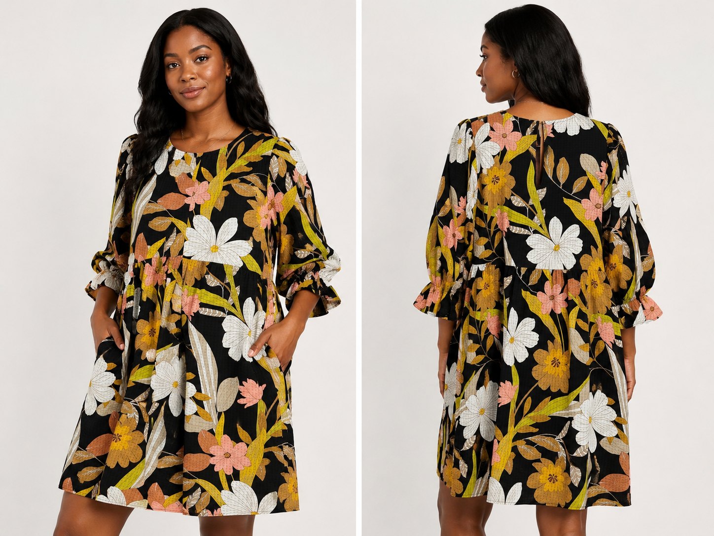 Who What Wear Floral Mini Dress XS Black Multicolor Puff Sleeve & Pockets