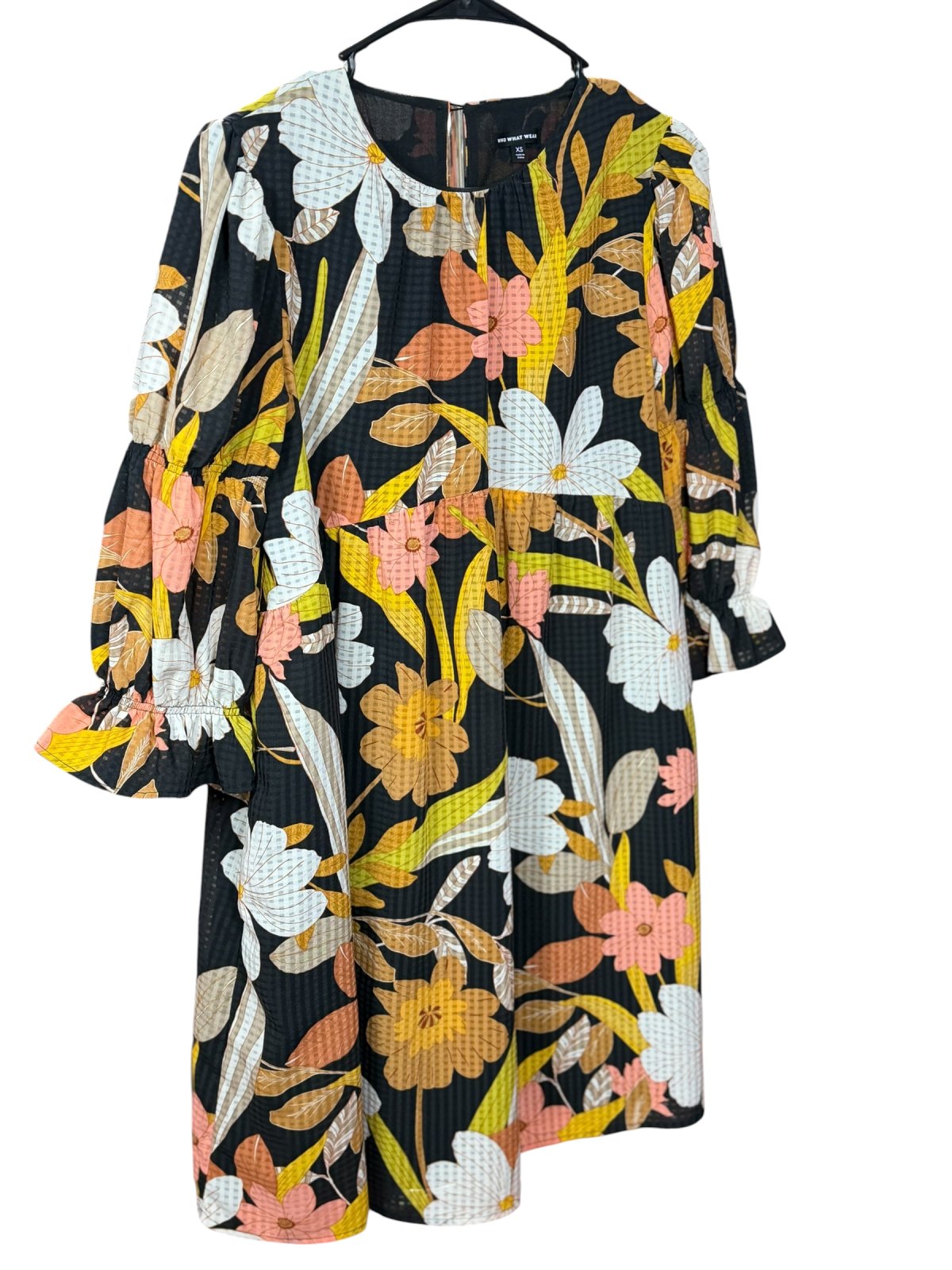 Who What Wear Floral Mini Dress XS Black Multicolor Puff Sleeve & Pockets