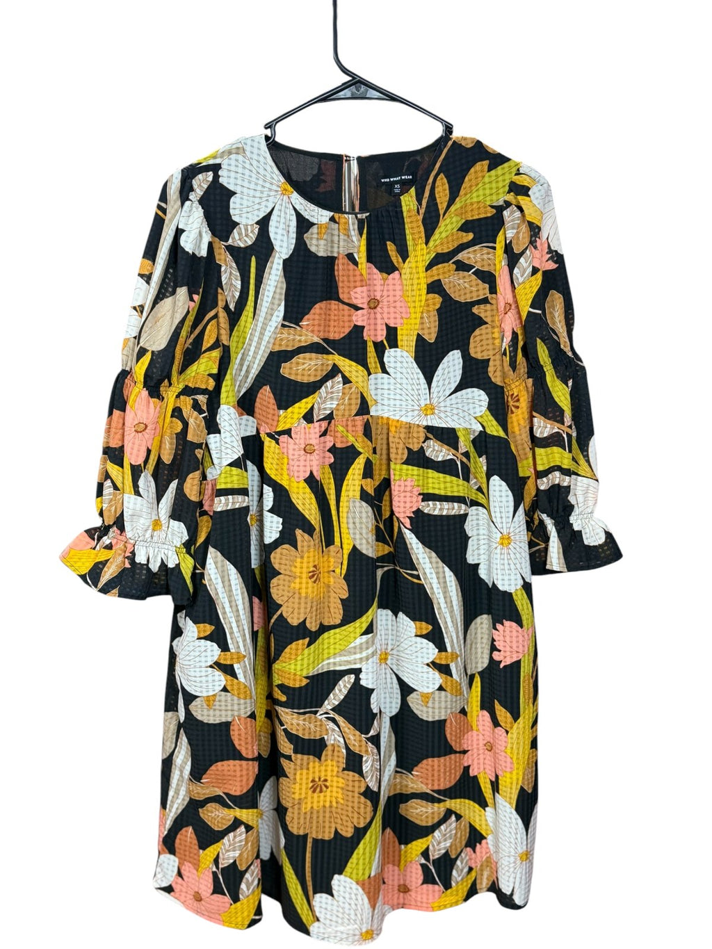 Who What Wear Floral Mini Dress XS Black Multicolor Puff Sleeve & Pockets
