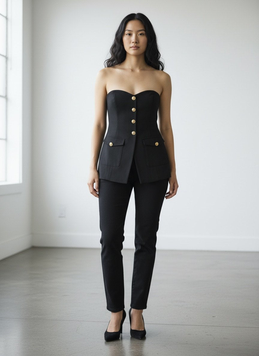 ASTR The Label Black Strapless Corset Bustier Top with Gold Buttons | XS