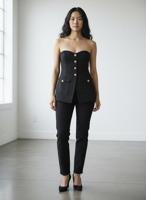 ASTR The Label Black Strapless Corset Bustier Top with Gold Buttons | XS