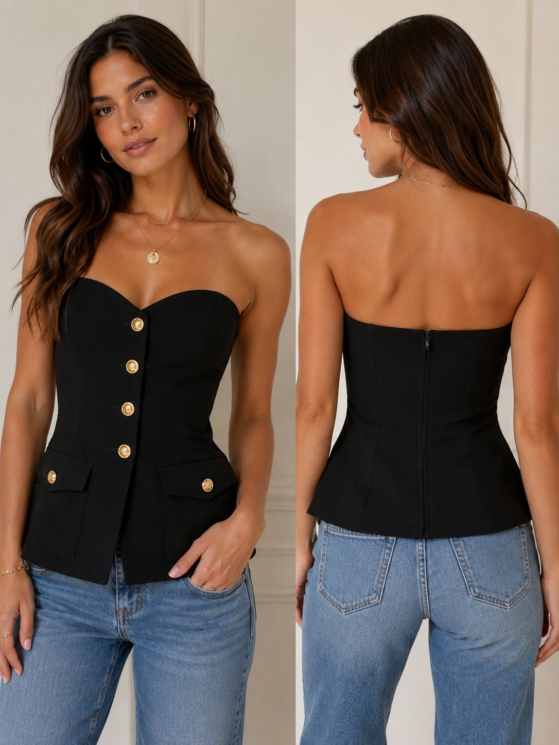 ASTR The Label Black Strapless Corset Bustier Top with Gold Buttons | XS