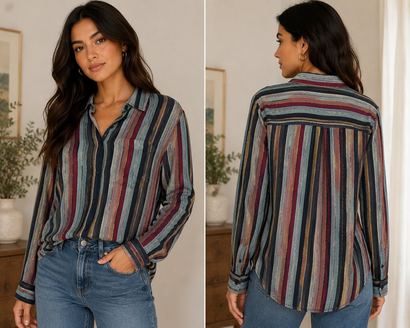 Rails Charli Varadero Stripe Linen Blend Metallic Button Shirt Medium