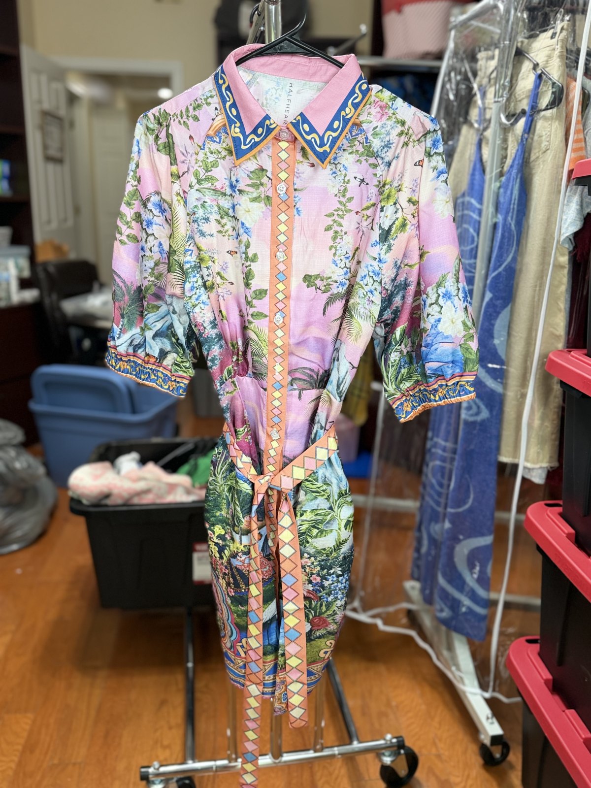 Half Heart Pink Tropical Scenic Shirt Dress Women's Belted 3/4 Sleeve Size M