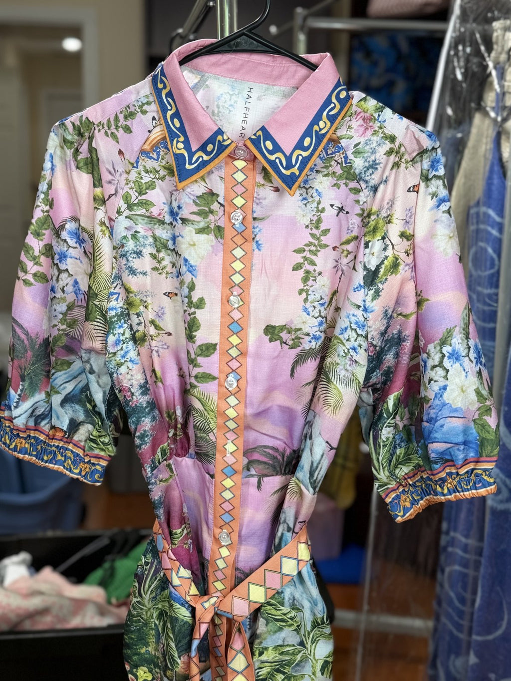 Half Heart Pink Tropical Scenic Shirt Dress Women's Belted 3/4 Sleeve Size M