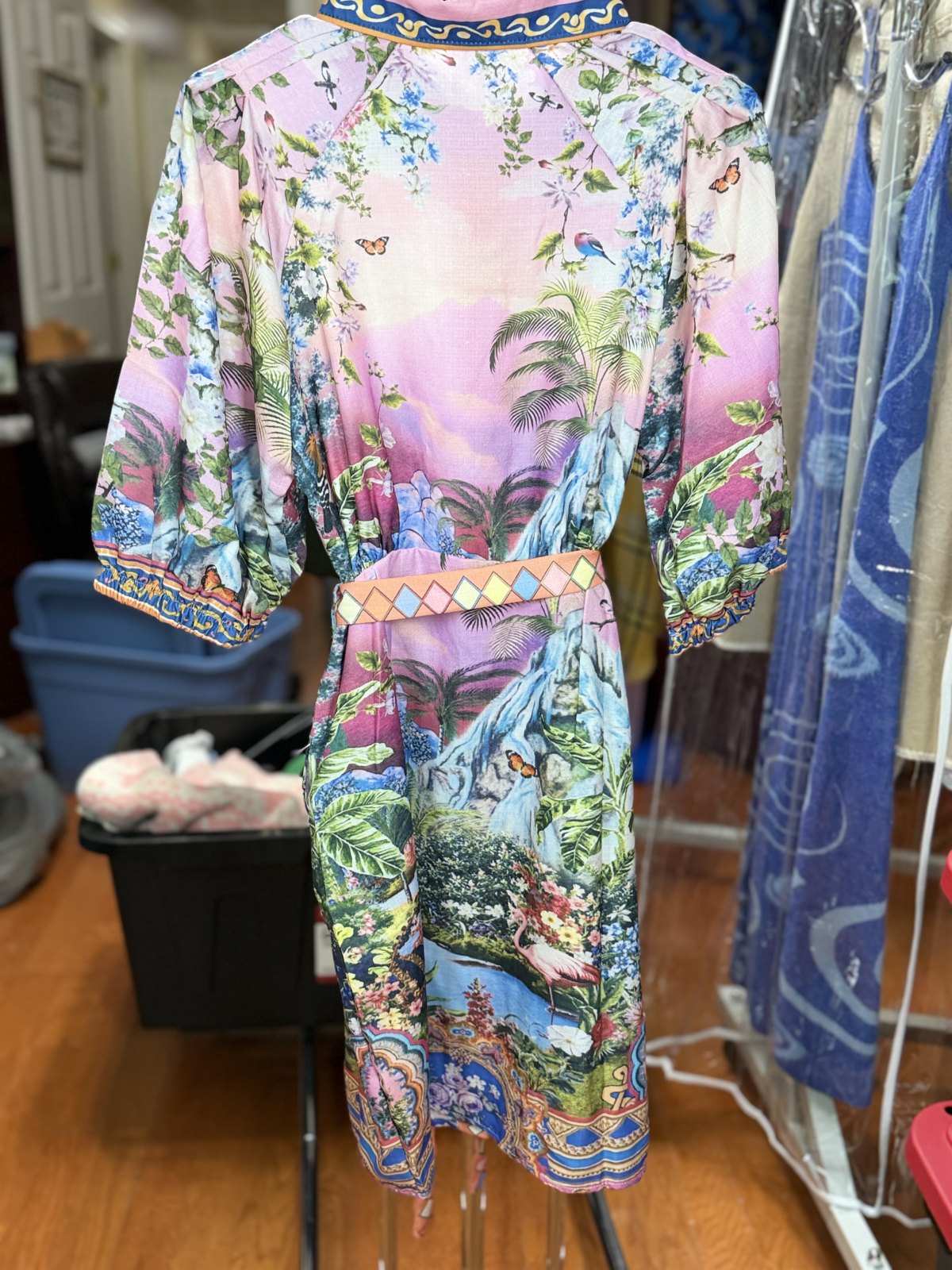 Half Heart Pink Tropical Scenic Shirt Dress Women's Belted 3/4 Sleeve Size M